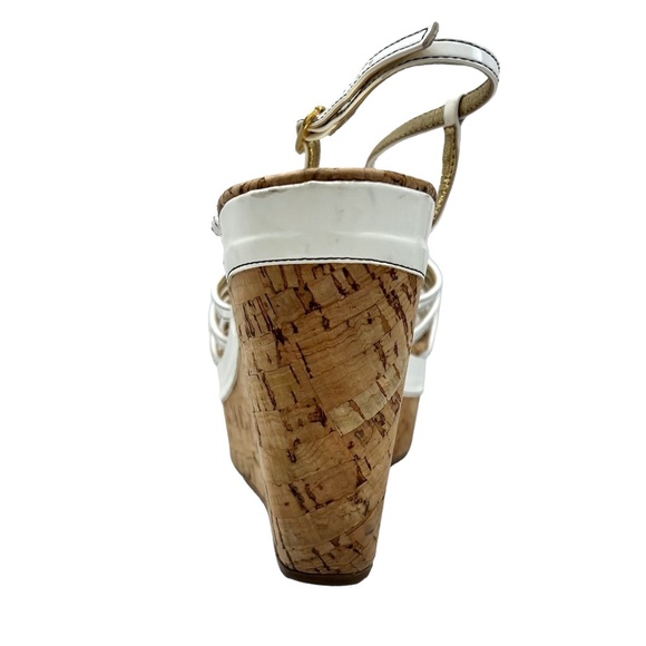 SERGIO ZELCER WHITE PATENT LEATHER & CORK BOTTOM SANDAL PLATFORM WEDGES - Picture 8 of 16